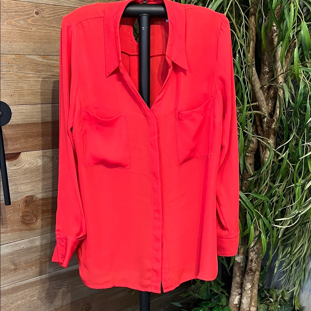 Worthington red sheer chiffon long sleeve button front blouse. L